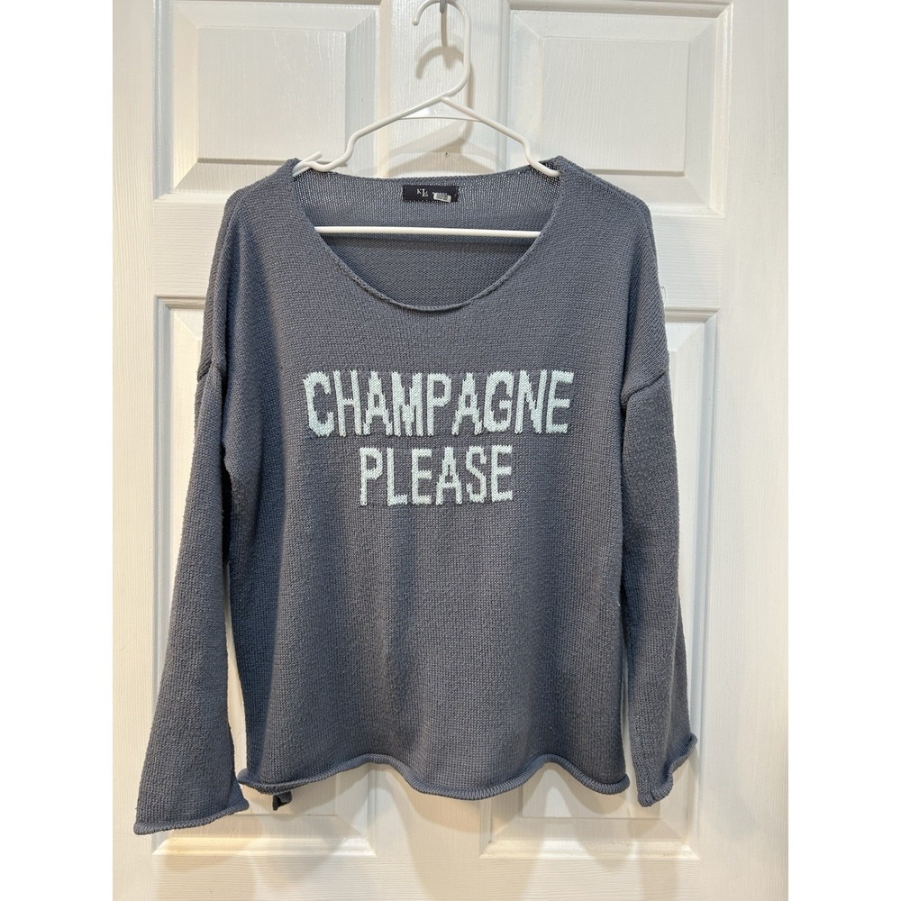 KLD Champagne Please Lightweight Roll Hem Sweater Sz S Blue Beachy USA Nautical